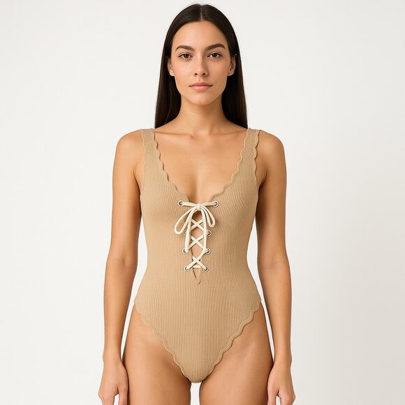 MARYSIA Broadway Tie Maillot Tan Lace Up Halter Scalloped One Piece Swimsuit S - Picture 1 of 7